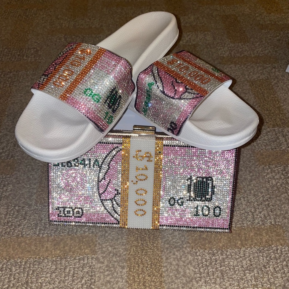 Pink blinged out clutch with matching sandals